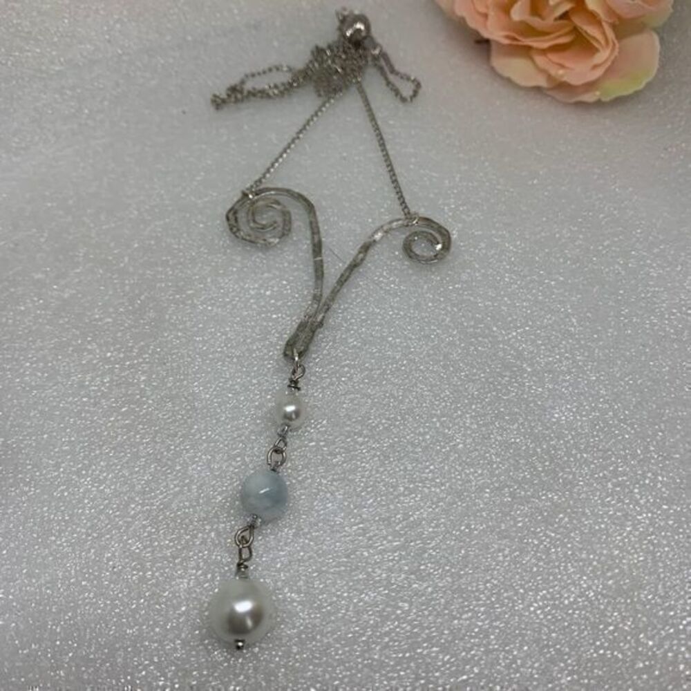 Pearl & Aquamarine Abstract Necklace 24"
